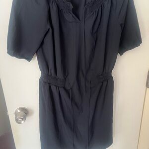 LOFT Navy Mini Dress with Pleated Design and Puff Sleeves